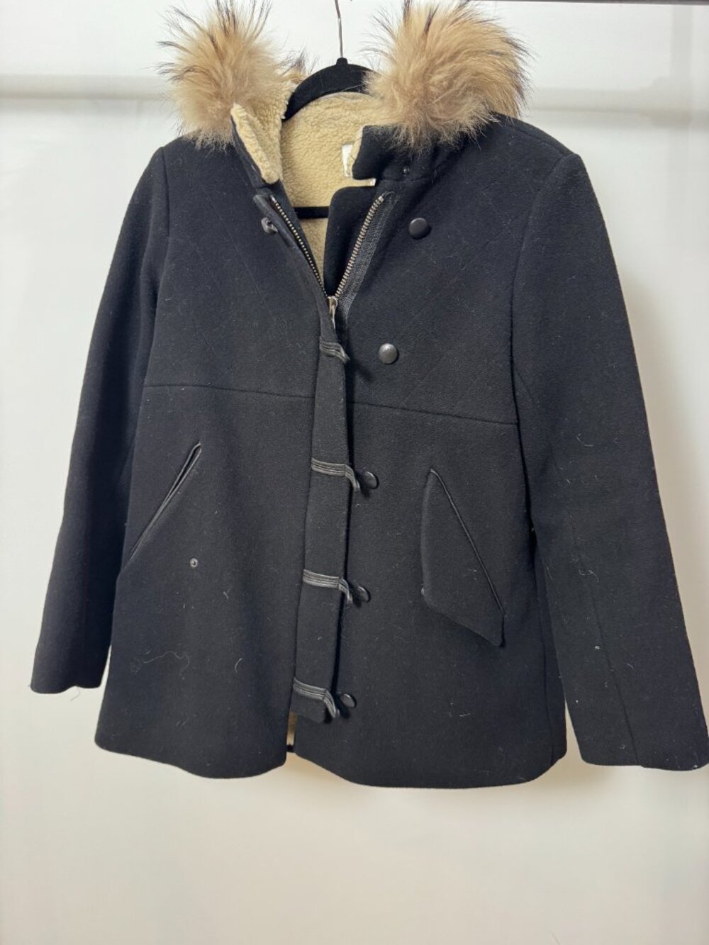 Sandro Paris Black Wool Blend Fur Trim Hooded Toggle Duffle Coat